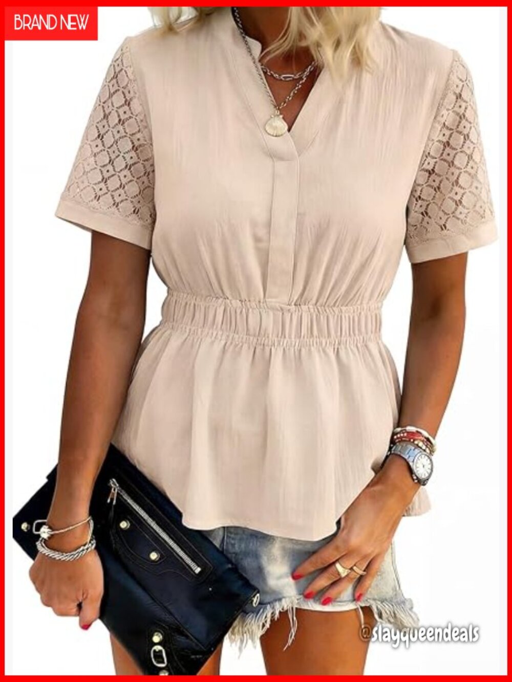 Peplum Top Lace Short Sleeve V-Neck Blouse Recycled Polyester Summer Casual